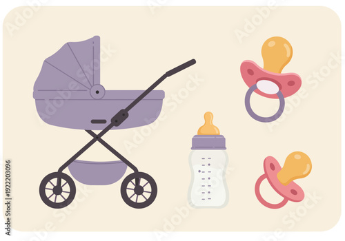 Baby Items: Stroller Bottle and Pacifiers in Pastel Colors.