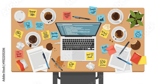 Messy Desk with Laptop, Coffee, Notes, and Papers - Remote Work Concept