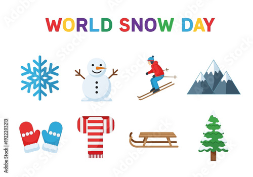 Collection of World Snow Day Icons Featuring Snowflakes, Snowman, Skiing, Sledding, and Winter Accessories