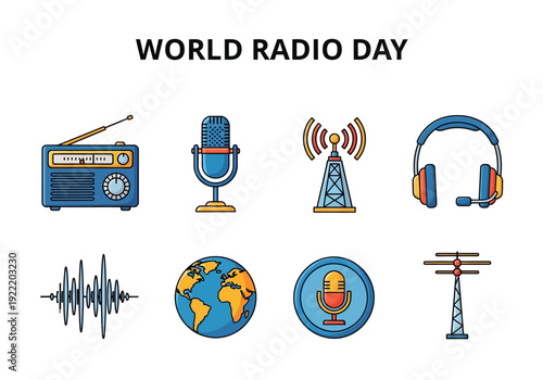 World Radio Day celebration with vintage radio, microphone, headphones, and transmission tower icons