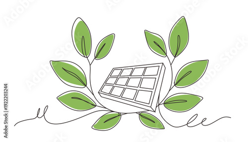 Continuous one line design of solar panel with green leaves. Minimalist style vector illustration on white background.
