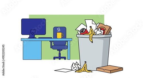 Messy office desk with overflowing trash can, computer, coffee, and banana peels