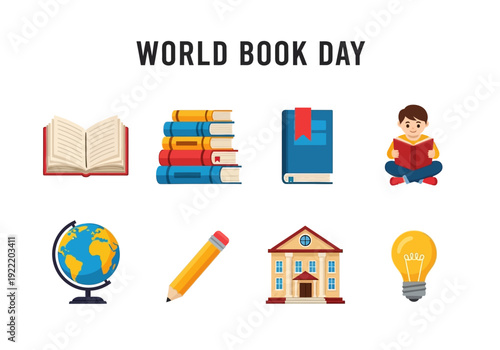 Collection of World Book Day icons featuring books, globe, pencil, school, and lightbulb symbolising education and reading