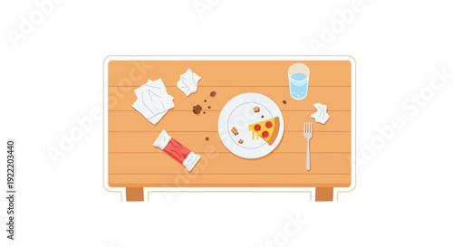 Messy Table After Eating: Leftover Pizza, Candy Bar, Crumbs, and Water