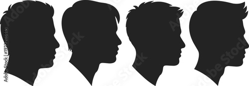 WebMale head silhouette profile collection, diverse hairstyles, identity design, fashion sketch diversity, human face outline art, flat vector illustration