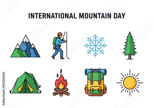Set of International Mountain Day icons depicting nature, adventure, and outdoor activities