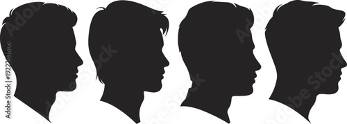WebMale profile silhouette illustration, diverse hairstyles, head outline design, fashion haircut concept, identity artwork, grooming variation theme, flat vector illustration