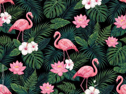 Vibrant Seamless Tropical Pattern with Pink Flamingos, Exotic Green Leaves, Hibiscus, and Lotus Flowers on Black Background. Summer Nature Design.