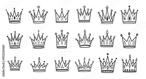 A set of black and white crown illustrations in various designs