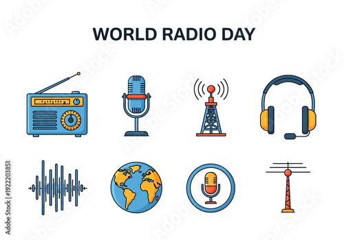 World Radio Day icons for broadcasting, communication, and sound waves