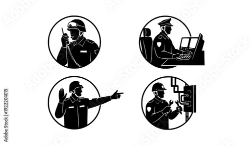Security Operations Silhouette Icons Radio Control Center and Maintenance
