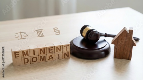 Wooden blocks spelling 'Eminent Domain' with gavel and miniature house on desk