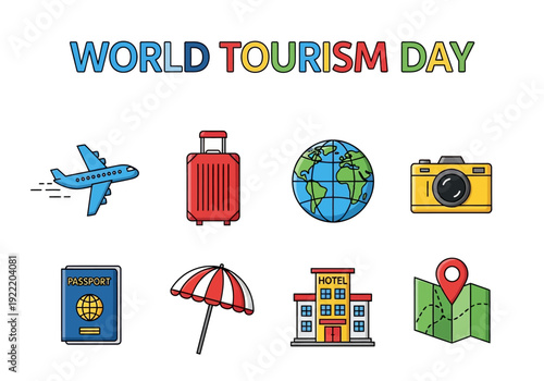 Celebrating World Tourism Day with Icons Representing Travel, Accommodation, and Exploration