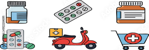 Comprehensive collection of vibrant flat line icons illustrating modern pharmacy services, online medicine ordering, and convenient delivery concepts for healthcare and wellness needs