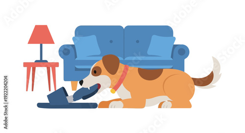 Mischievous Dog Chewing Slipper Next to Sofa and Lamp in Living Room