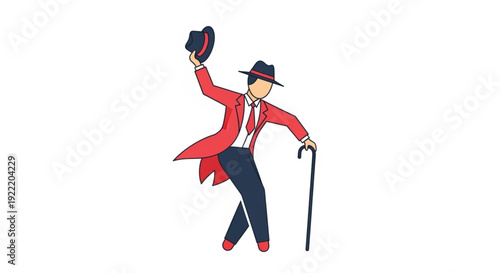 Man in red coat and black hat dancing with cane and hat in hand on white background