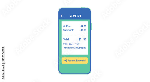 Mobile phone displaying a digital receipt for coffee and sandwich purchase