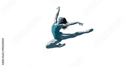 Woman in blue leotard jumping dynamically with arms raised in mid air against white background
