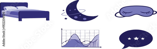 Collection of Icons Depicting Sleep, Dreams, and Restful Activities Bed, Moon, Sleep Mask, Graph, and Speech Bubble with Stars