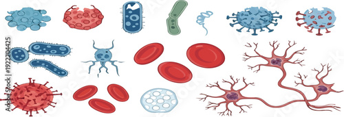Microscopic world illustration featuring viruses, bacteria, red blood cells, and neurons