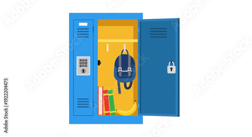 Open Blue School Locker with Backpack, Books, and Banana
