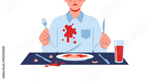 Person with food stain on shirt, eating meal, messy dinner, spilled drink