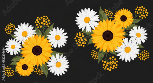 Vibrant sunflowers and daisies with yellow buds on black background floral arrangement