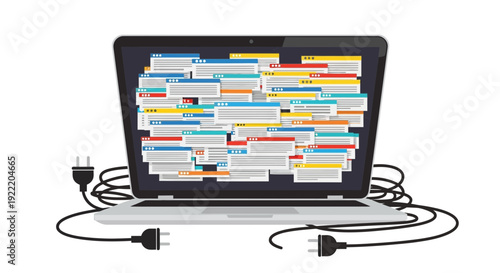 Overwhelmed Laptop Screen with Many Notifications and Plugs