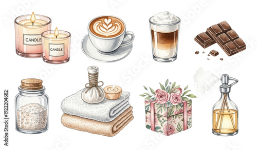 Cozy Watercolor Spa Elements – Candle, Coffee & Aromatherapy Set