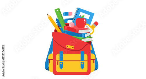 School Backpack Full of Supplies: Books, Pencils, Ruler, Apple