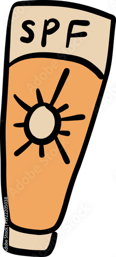 Hand drawn doodle of sunscreen lotion tube, SPF sun protection for summer travel isolated on white