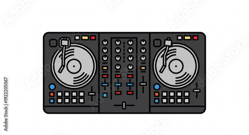 Dj controller with turntables and mixer on white background for music production and entertainment