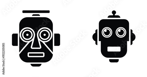 Various robot faces displayed in a simple artistic style, featuring expressive facial designs, line art, and cartoon-inspired vector illustrations.