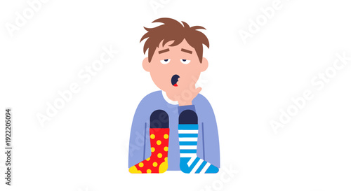 Sleepy Person Yawning, Wearing Mismatched Socks - Tiredness Concept