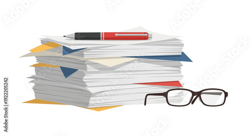 Stack of Papers with Pen and Glasses: Office Work, Study, Bureaucracy
