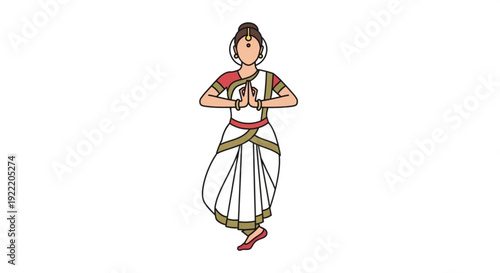 Traditional indian dancer in white and red costume performing bharatanatyam on white background