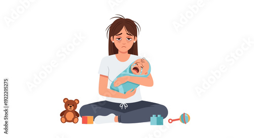 Stressed Mother Holding Crying Baby Surrounded by Toys, Exhausted Parent