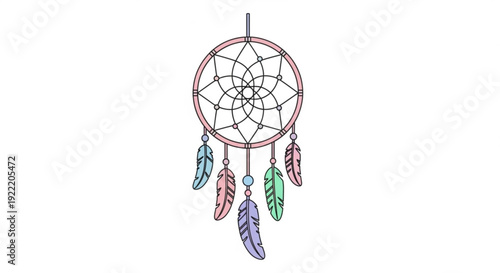 Colorful dreamcatcher with feathers hanging on white background symbolizing protection and good luck