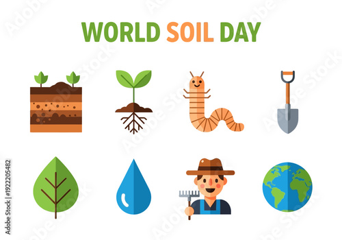 Celebrating World Soil Day with illustrations of fertile soil, plant growth, and a farmer tilling the land
