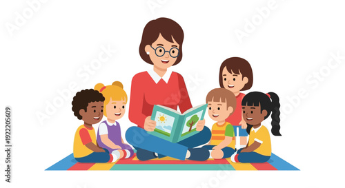 Teacher Reading Book to Diverse Children on Colorful Mat