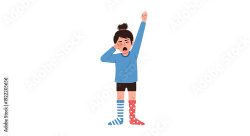 Tired Child Yawning and Stretching, Wearing Mismatched Socks, Isolated