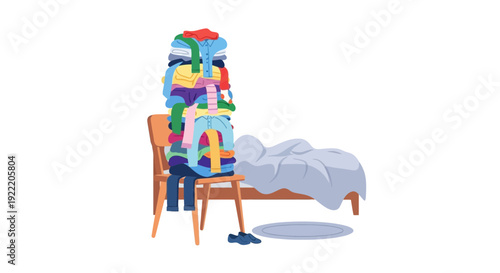 Tower of Laundry on Chair Beside Bed, Messy Bedroom Clutter