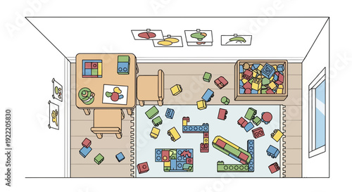 Top view of a messy playroom with scattered building blocks and toys