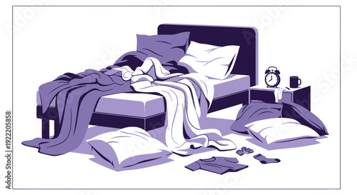 Untidy Bedroom Scene with Messy Bed, Pillows, and Clothes