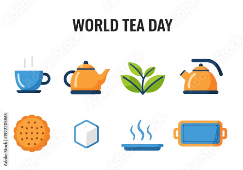 Set of icons celebrating World Tea Day with tea cups, teapots, leaves, biscuits, and sugar cubes