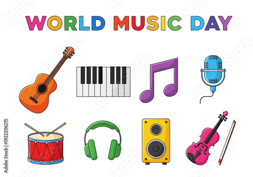 Celebrate World Music Day with Instruments, Notes, Microphone, and Speakers Graphic