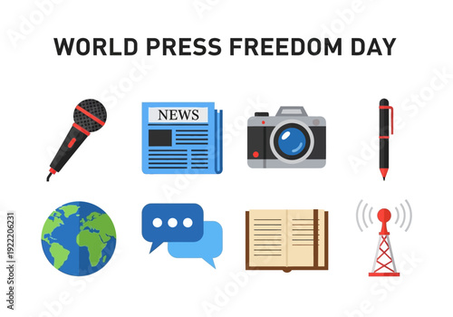 World Press Freedom Day icons microphone, newspaper, camera, pen, globe, speech bubbles, book, and antenna