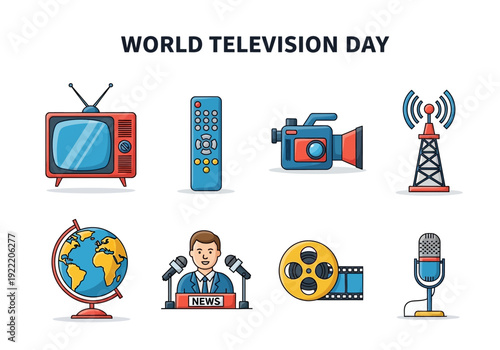 Collection of World Television Day icons, including retro TV, remote, camera, antenna, globe, news anchor, film reel, and microphone