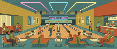 Flat vector illustration of a retro 1970s bowling alley interior featuring neon lane lights, vintage color palette, people bowling, sitting in booths, and enjoying milkshakes at Starlite Bowl.