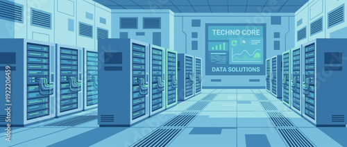 Flat Vector Illustration of a Modern Data Center Server Room with Glowing Racks, Cable Management, and Digital Dashboard Displaying Techno Core Data Solutions, Cloud Computing Infrastructure